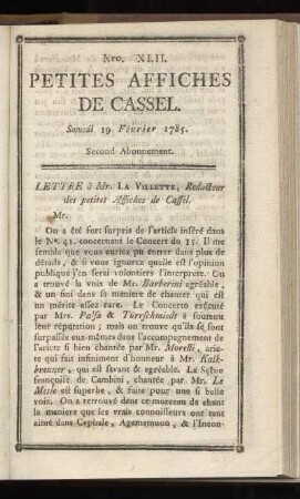 No XLII (Samedi 19 Février 1785)