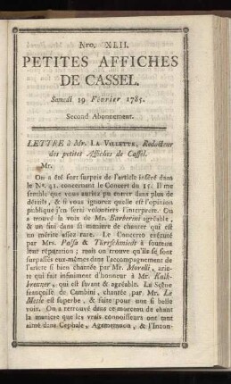 No XLII (Samedi 19 Février 1785)