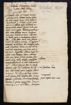 Todesanzeige des Anna Maria [Wibel geb. Schlossberger], Ehefrau des Dr. iur. utr. Joachim Wiebelius aus Hersfeld, Dicasterii Tubingensis Advocatus, Tochter des Andreas Schloßbergerus, 1635.