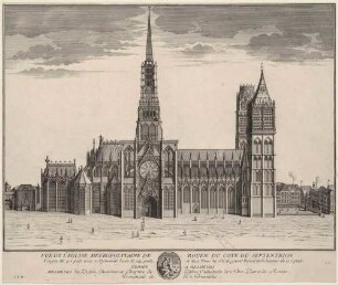 Die Stadtkirche und Kathedrale (Cathédrale primatiale Notre-Dame de l’Assomption de Rouen) in Rouen in der Normandie in Frankreich von Norden, darunter kleines Emblem mit Maria und dem Jesuskind