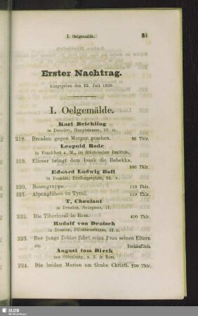 Erster Nachtrag. Ausgegeben den 22. Juli 1860
