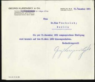 Verschiebung der Kündigung für Else Tucholsky auf den 31. März 1932