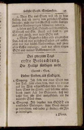 Des zweyten Tags erste Betrachtung. Die Heilige sündigen nicht. - Des zweyten Tags dritte Betrachtung. Von der Höll.