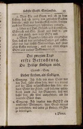 Des zweyten Tags erste Betrachtung. Die Heilige sündigen nicht. - Des zweyten Tags dritte Betrachtung. Von der Höll.