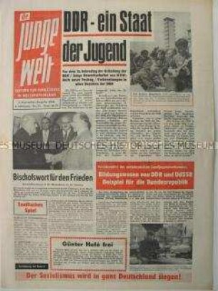 Propagandazeitung der FDJ für die Jugend in der Bundesrepublik u.a. zum bevorstehenden 15. Jahrestag der Gründung der DDR und über den Sport in der DDR