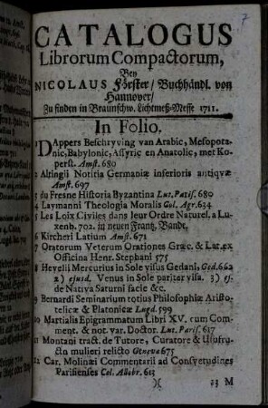 Catalogus Librorum Compactorum : Bey Nicolaus Förster, Buchhändl. von Hannover, Zu finden in Braunschw. Lichtmeß-Messe 1711