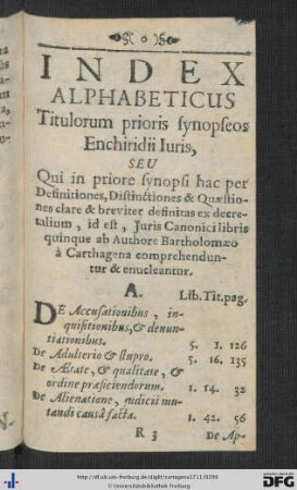 Index Alphabeticus Titulorum prioris synopseos Enchiridii Juris.