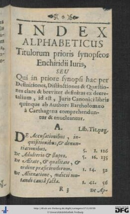 Index Alphabeticus Titulorum prioris synopseos Enchiridii Juris.