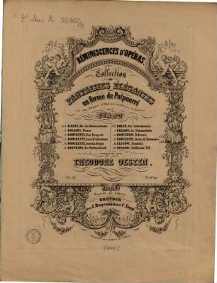 Réminiscences d'opéras : collection de fantaisies élégantes en forme de potpourri sur des thèmes d'opéras modernes et favoris pour le piano, 4. La Sonnambula = (Die Nachtwandlerin) : fantaisie brillante ; op. 27. - [1847]. - 11 S.