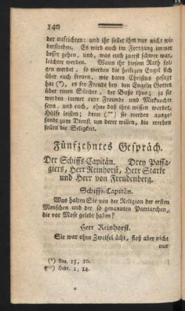 Fünfzehntes Gespräch. Der Schiffs-Capitän. Drey Passagiers, Herr Reinhorst, Herr Starke und Herr von Freudenberg.