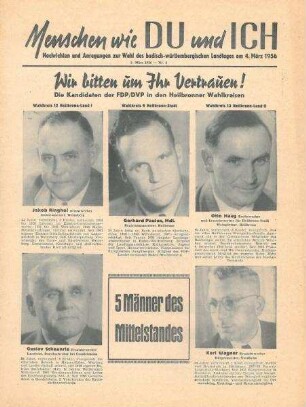 "Menschen wie DU und ICH Nachrichten und Anregungen zur Wahl des badisch-württembergischen Landtages am 4 März 1956" Ausgabe 4 vom 3.3.