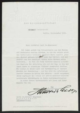 Brief von Heinrich George von Schiller-Theater <Berlin> an Gerhart Hauptmann