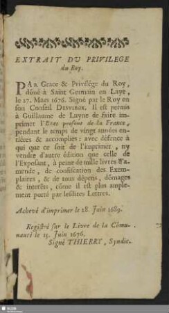 Extrait Du Privilege du Roy
