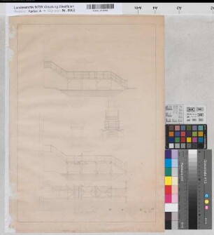 Gemen (Borken) Schloß Entwurf der Gartenbrücke Grundriß, Ansicht, Schnitte 2.H. 19.Jh. 12 Fuß = 18 cm 35 x 50 Zeichnung Landsberg-Velen Nr. 581