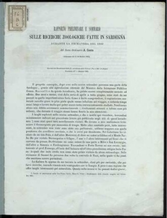 Rapporto Preliminare E Sommario Sulle Ricerche Zoologiche Fatte in Sardegna Durante La Primavera Del 1882