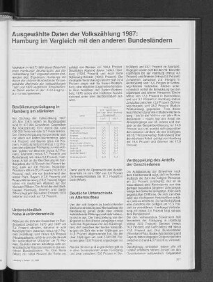 Ausgewählte Daten der Volkszählung 1987: Hamburg im Vergleich mit den anderen Bundesländern