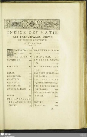 Indice Des Matières Principales, Dieux Et Deesses Contenues En Ce Present Ovure