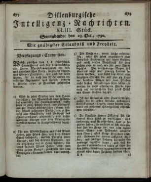 XLIII. Stück. Sonnabends: den 23. Oct., 1790.
