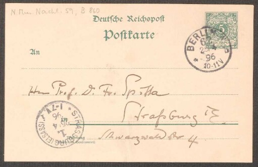 Postkarte an Friedrich Spitta : 25.04.1896