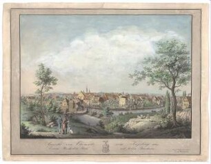 Ansicht von Chemnitz vom Kasberg aus, Umrissradierung, um 1860 : Wunderlich, Gustav : Ansicht von Chemnitz vom Kaßberg aus : einem Hochedeln Rath und biedern Bewohner gewidmet / nach d. Nat. gez. u. gest. v. G. Wunderlich. - Dresden , [um 1860]. - 1 Kunstblatt : kolor. Umrissradierung. ; 46 x 34 cm