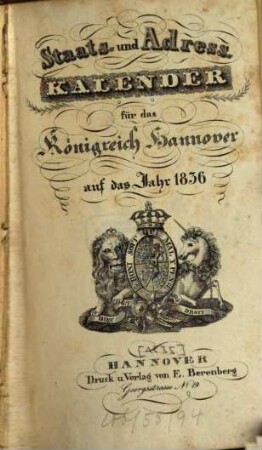 Staats- und Adresskalender für das Königreich Hannover. 1836 (1835)