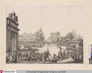 [Das Fest auf der Amstel; Procession on the Amstel with triumphal arch on island at left]