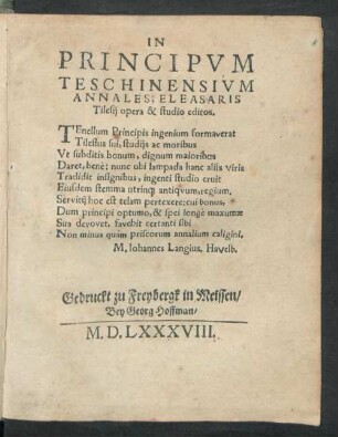 In Principum Teschinensium Annales, Eleasaris Tilesii opera & studio editos.