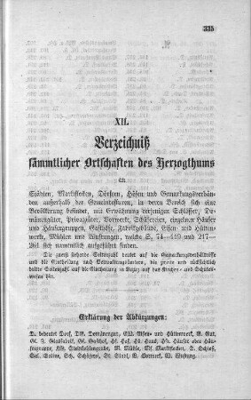 XII. Verzeichniß sämmtlicher Ortschaften des Herzogthums