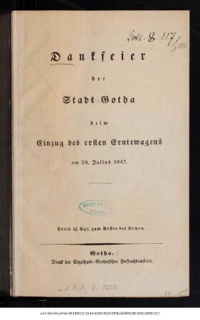 Dankfeier der Stadt Gotha beim Einzug des ersten Erntewagens am 28. Julius 1847