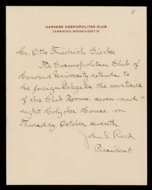 Nr. 8 Brief von John S. Reed an Otto von Gierke. Cambridge, Mass., o. D.
