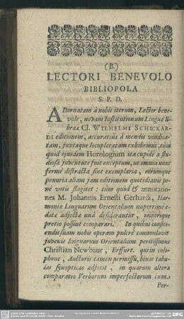 Lectori Benevolo Bibliopola S.P.D.