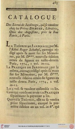 Catalogue des livres de Jardinage [...]