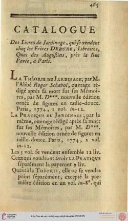 Catalogue des livres de Jardinage [...]