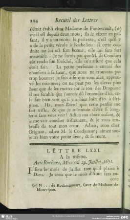 Lettre LXXI. A la même. Aux Rochers, Mécredi 29. Juillet, 1671