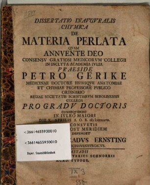 Dissertatio Inauguralis Chymica De Materia Perlata