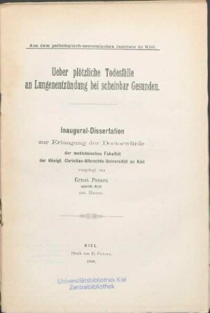 Ueber plötzliche Todesfälle an Lungenentzündung bei scheinbar Gesunden