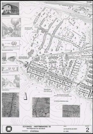 Wohnen im Havelland Schinkelwettbewerb 1994: Entwurfsplan West: Lageplan 1:2000, Situationsfoto, perspektivische Ansichten (teils Modell)