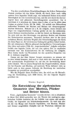 Die Entwicklung der algebraischen Geometrie über Moebius, Plücker und Steiner hinaus..