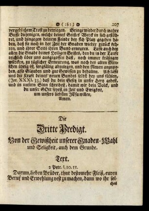 Die Dritte Predigt. Von der Gewißheit unserer Gnaden-Wahl und Seligkeit ...