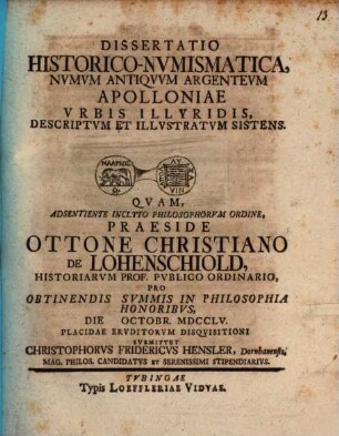 Dissertatio historico-numismatica numum antiquum argenteum Apolloniae ... sistens