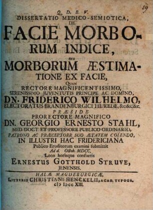 Dissertatio Medico-Semiotica De Facie Morborum Indice, Seu Morborum Aestimatione Ex Facie