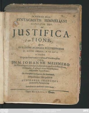 Syntagmatis Himmeliani Disputatio XXIV. De Iustificatione