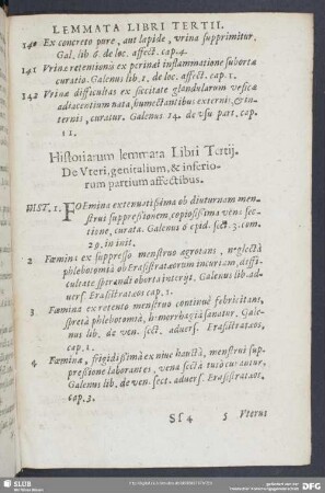 Historiarum lemmata Libri Tertii. De Uteri, genitalium, & inferiorum partium affectibus