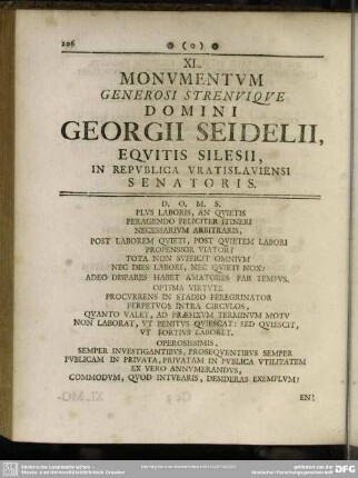 XL. Monumentum Generosi Strenuique Domini Georgii Seidelii, Equitis Silesii, in Republica Vratislaviensi Senatoris