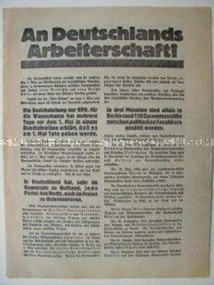Flugblatt der SPD mit Anklage gegen die Kommunisten wegen der blutigen Zusammenstöße am 1. Mai 1929