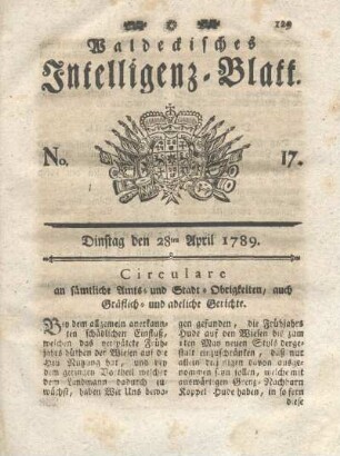 No. 17, Dinstag den 28ten April 1789