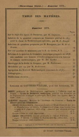 Table des matières. Janvier 1879.