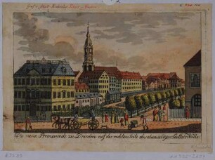 Dresden, die neue Promenade an der Stelle des Seetorwalles nach dessen Abtragung in Richtung Osten, im Hintergrund die Kreuzkirche, links das Palais des Grafen von Schall-Biaucour und rechts der Platz des späteren Victoria-Hotels