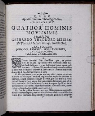 Aphorismorum Theologicorum Disputatio XV. De Quatuor Hominis Novissimis