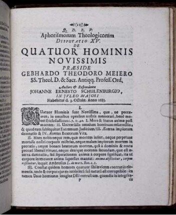 Aphorismorum Theologicorum Disputatio XV. De Quatuor Hominis Novissimis